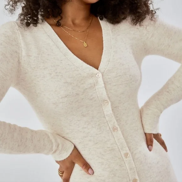 NWT, Aritzia Wilfred, Button Front Mini Cardigan Dress, Heather Gold Camel, L - Picture 16 of 16